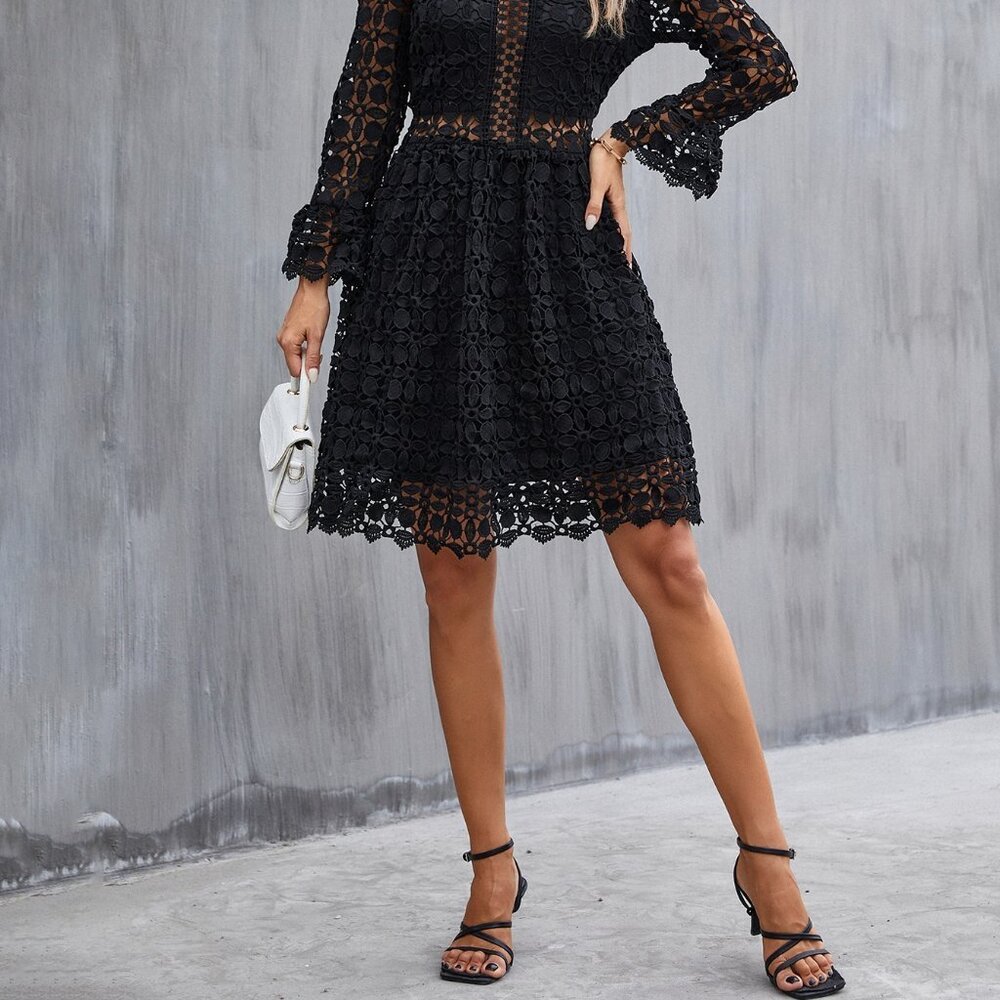 Mock Neck mesh insert Flounce Sleeve Lace Dress black - Picture 7 of 10